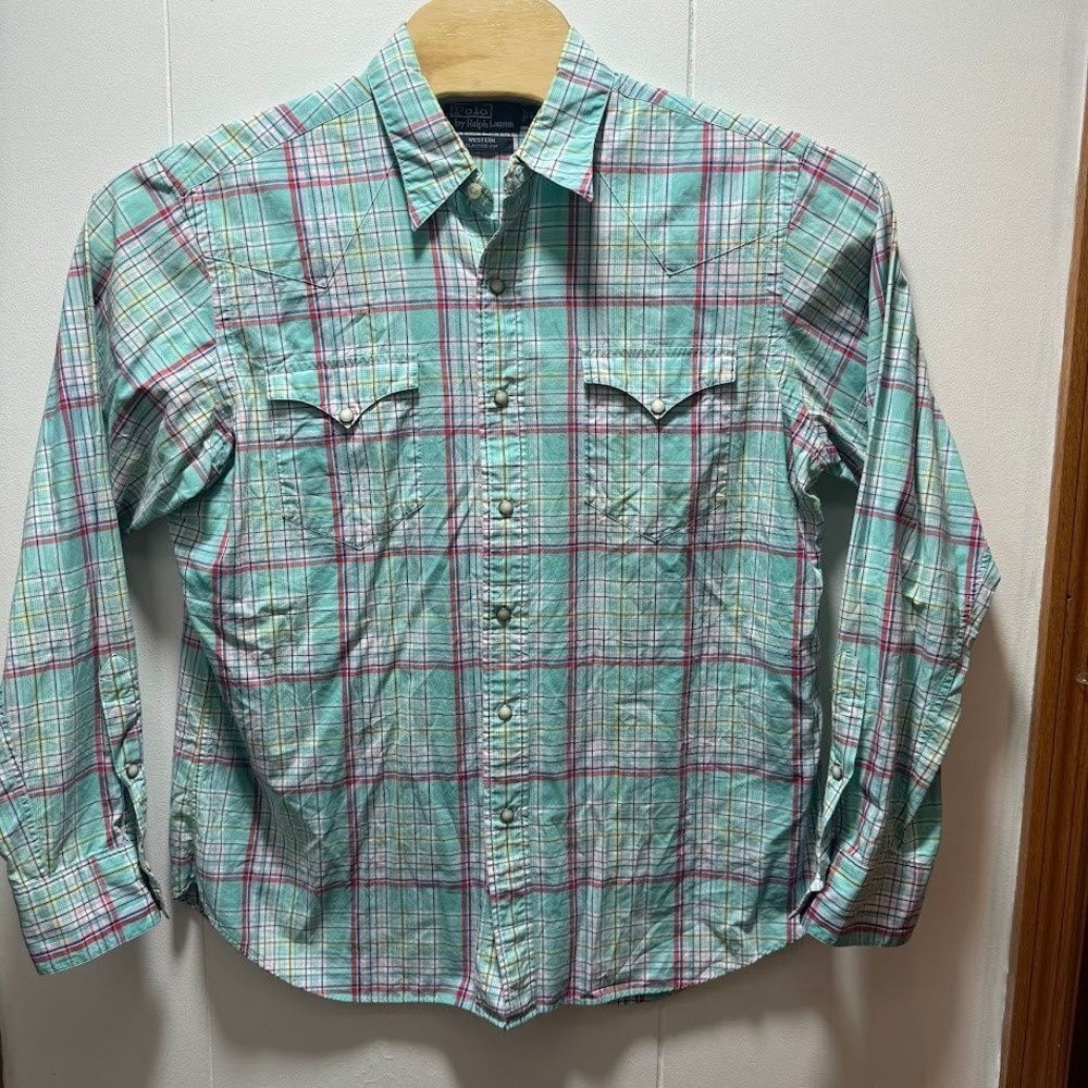 Polo Ralph Lauren Mens Western Classic Fit Plaid Snap Button Shirt Turquoise L